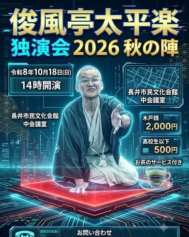 俊風亭太平楽独演会 秋の陣2026 のチケットをペアにして2組に！