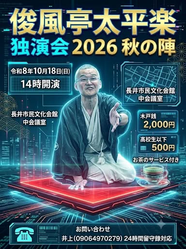俊風亭太平楽独演会 秋の陣2026 のチケットをペアにして2組に!